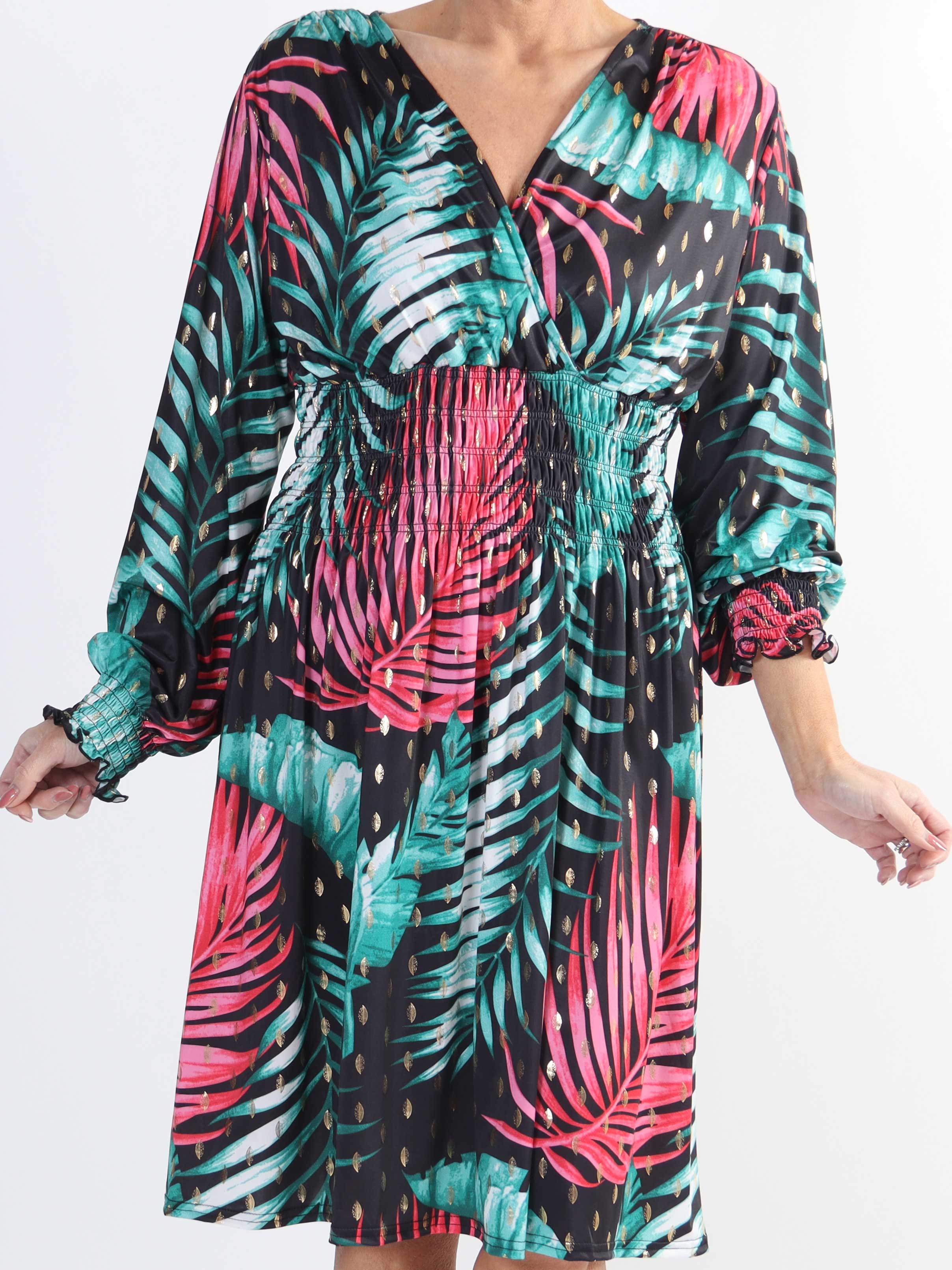 Pams Leaf Short L/S - Elastisk mønstret plus size kjole i krølfrit stof